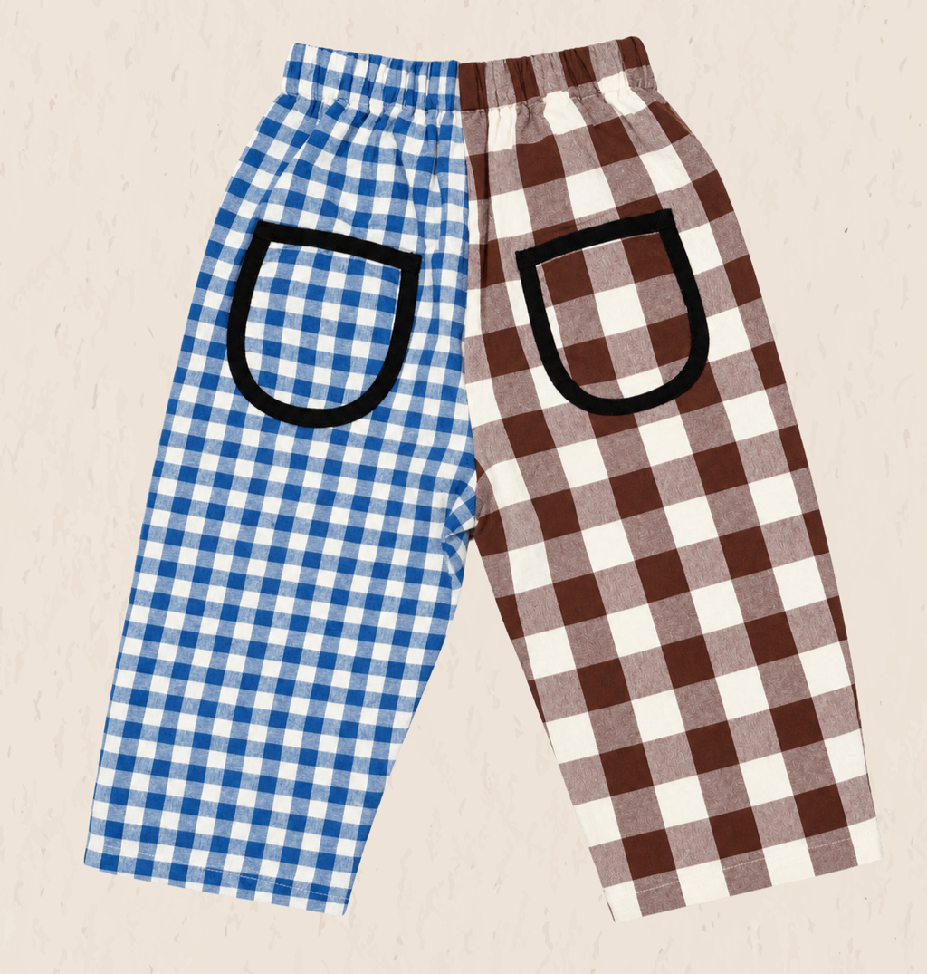Gingham split brown and blue oversized pants 100% cotton relaxed *PREORDER*