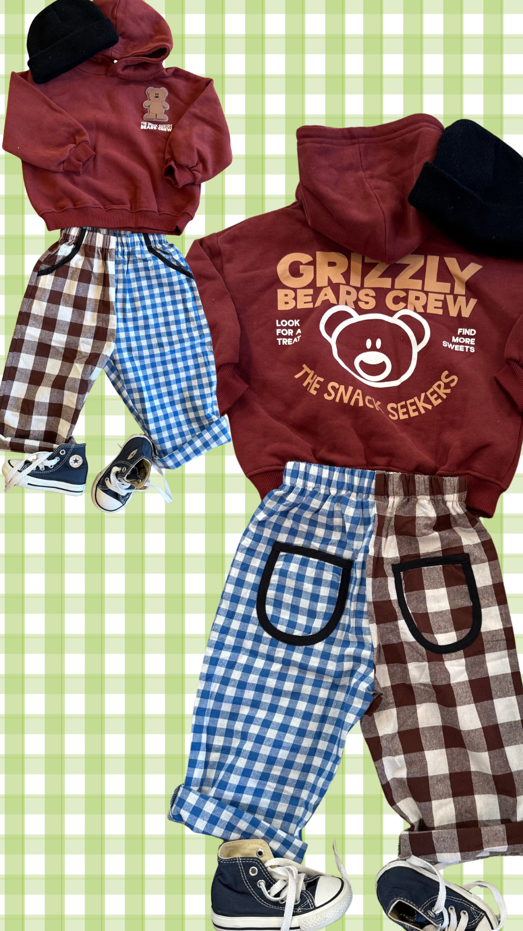 Gingham split brown and blue oversized pants 100% cotton relaxed *PREORDER*