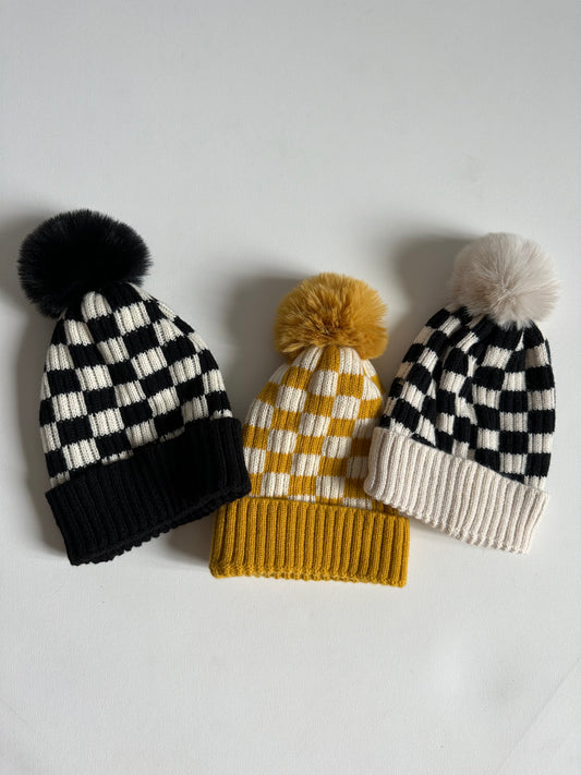 Checkered Puff Ball Beanie