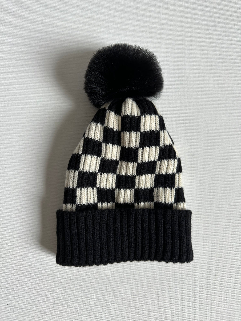 Checkered Puff Ball Beanie