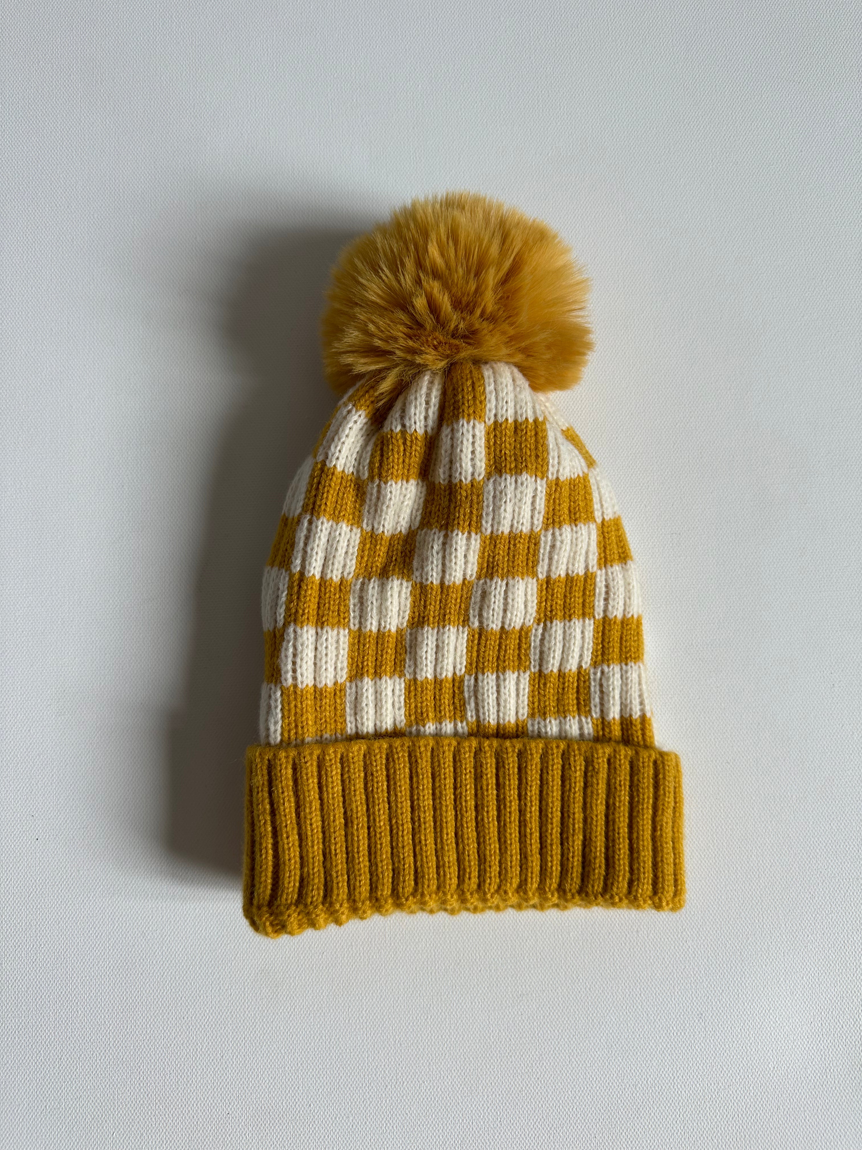 Checkered Puff Ball Beanie
