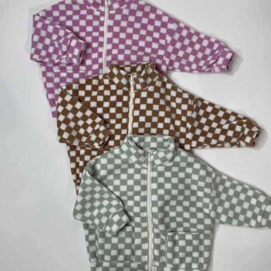 Checkered Fleece Zip Up Jacket