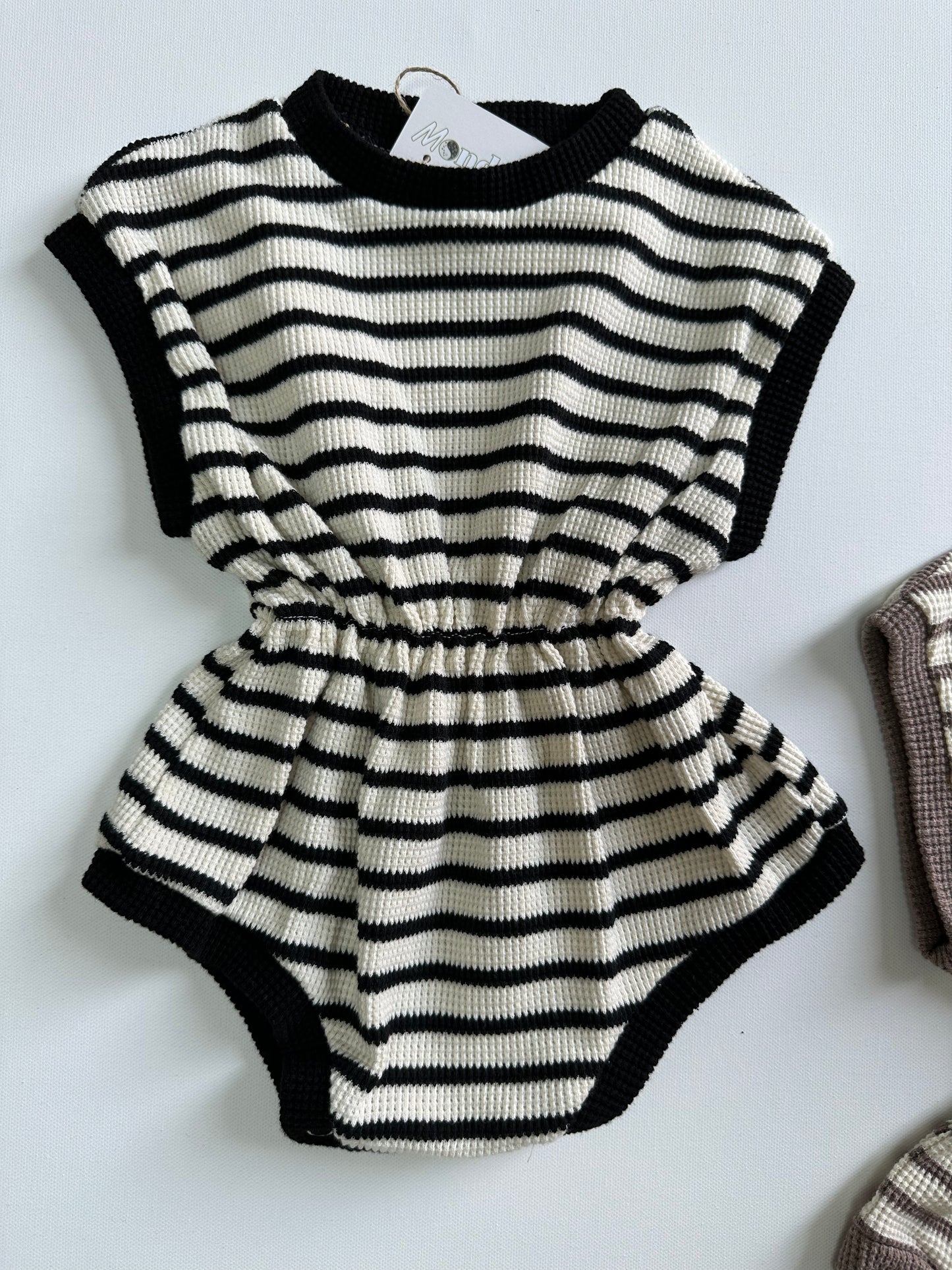 Waffle Cinched Striped Romper