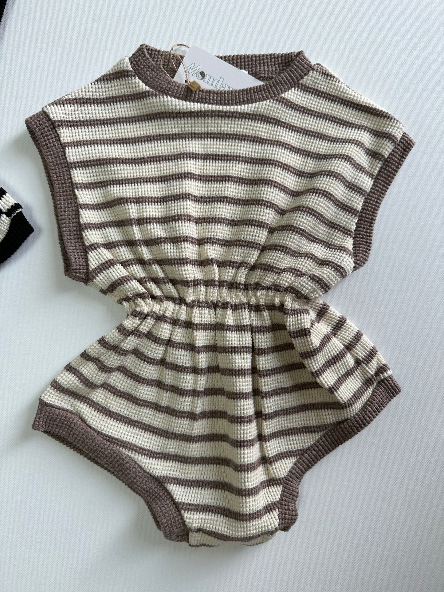 Waffle Cinched Striped Romper